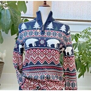 ASPEN Sweater‎ Size Small Fair Isle Polar Bear 100% Cotton  1/4 Zip Knit Winter